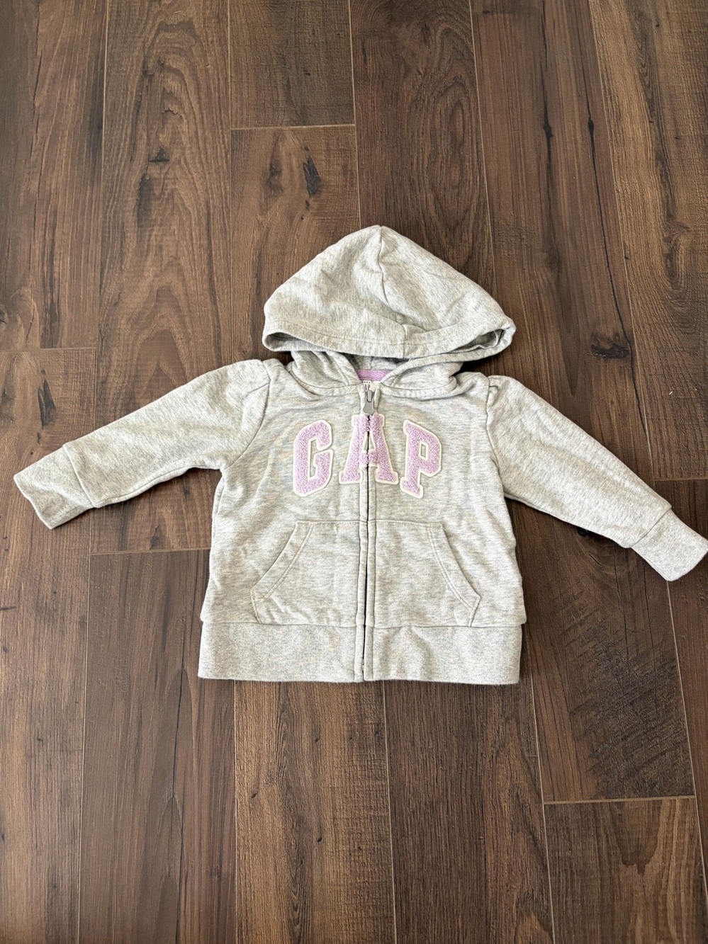 BabyGAP Gray Zip Hoodie with Lavender Chenille Letters